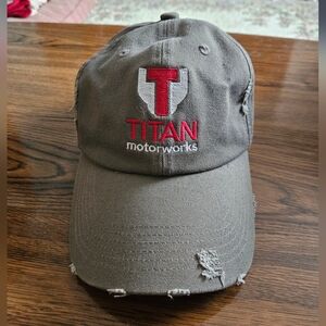 District Titan Motorworks Distressed Baseball Cap - Olive with Red & White Logo